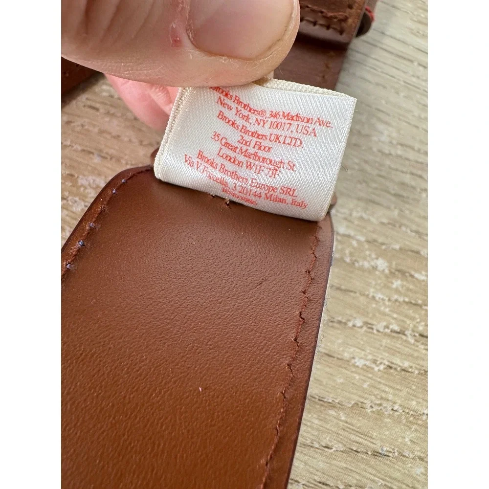Brooks Brothers Mens Plaid Cotton and Leather Belt Brown Blue Pink Size Large